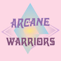 Arcane Warriors logo on a pink background with a blue diamond